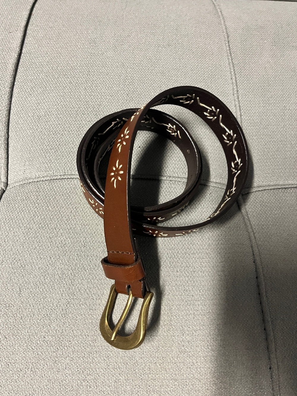 Women's Genuine Leather Cognac Brown Embroidered Floral Western Belt Size XL